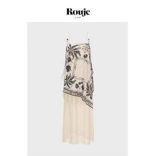 【现货】Rouje Life高圆圆同款度假吊带裙子时尚丝巾印花连衣裙女