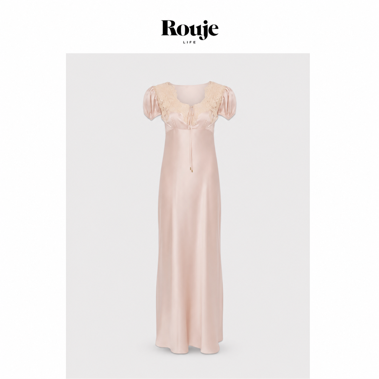 【现货】Rouje Life一枝南南同款蕾丝边真丝缎法式短袖连衣裙长裙