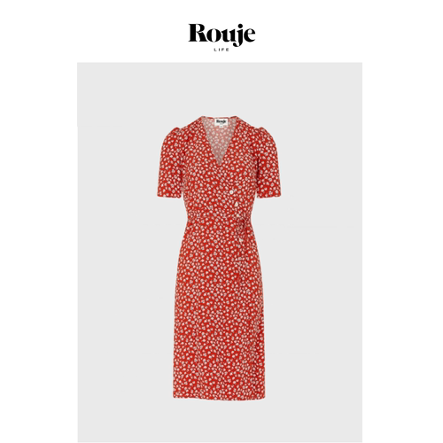 【现货】Rouje Life碎花V领短袖中长款连衣裙法式茶歇裹身裙绑带