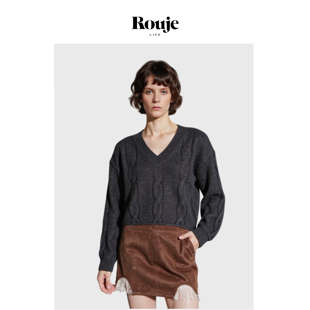 【现货】Rouje Life小众极简交织特细美利奴羊毛混纺麻花毛衣上衣