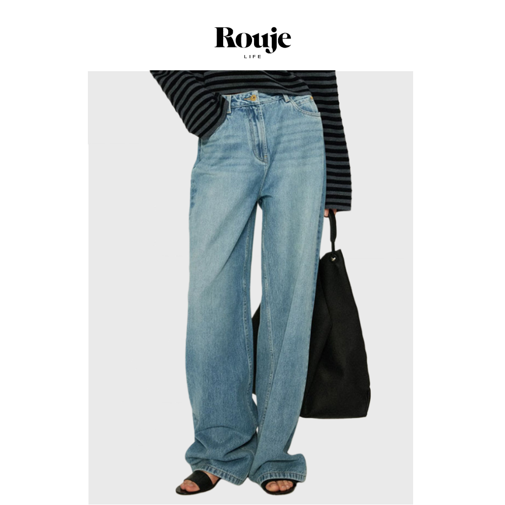 【现货】Rouje Life极简风牛仔裤女宽松直筒休闲裤高腰美式拖地裤