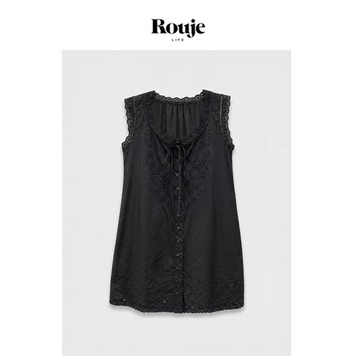 【现货】Rouje Life法式小众镂空刺绣花边拼接抽绳系带背心连衣裙
