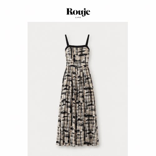 【现货】Rouje Life夏季新品黑色缎面拼水墨天丝吊带裙裤连衣裙女