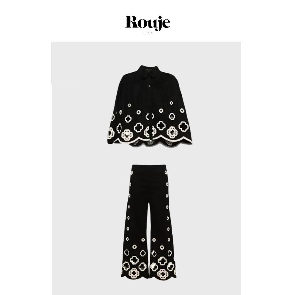 【现货】Rouje Life花朵刺绣套装春季黑色棉质娃娃衬衫高腰长裤