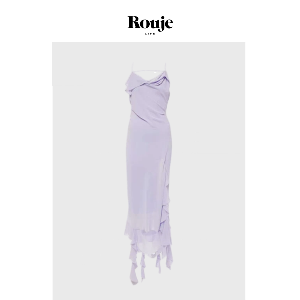 【现货】Rouje Life一枝南南同款紫色吊带连衣裙不规则荷叶边开叉