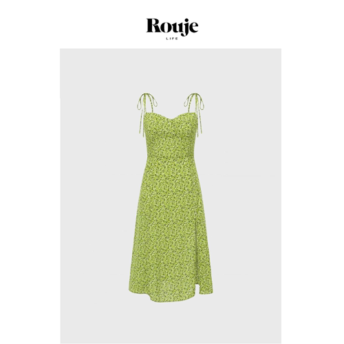 【现货】Rouje Life连衣裙张予曦同款法式绿色碎花露背复古吊带女
