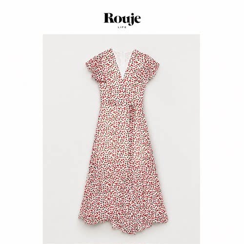【现货】Rouje Life夏法式清新抽褶鱼尾碎花V领显瘦中长款连衣裙