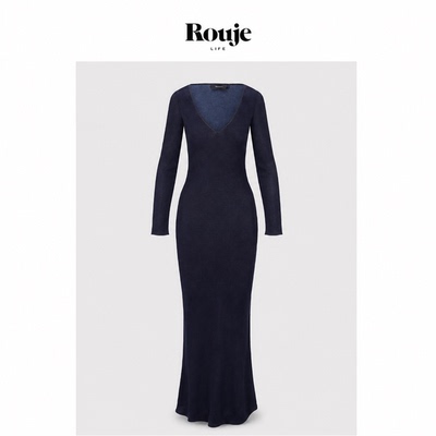 【现货】Rouje Life黑蓝色V领性感斜裁真丝印花长袖长款防晒度假