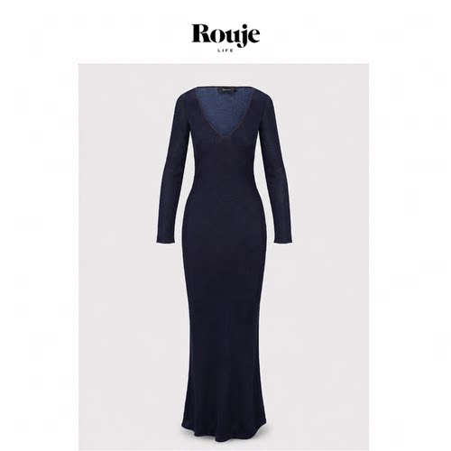 【现货】Rouje Life黑蓝色V领性感斜裁真丝印花长袖长款防晒度假