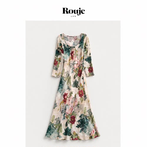 【现货】Rouje Life夏季女装法式U领斜裁复古印花长连衣裙 两件套