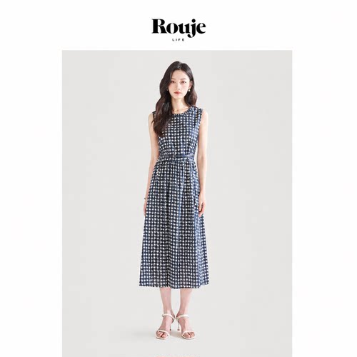 【现货】Rouje Life格子印花棉质圆领无袖收腰显瘦气质通勤连衣裙