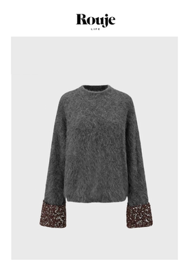 【现货】Rouje Life深花灰袖口撞银箔纱半高领羊驼毛毛衣女针织衫