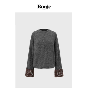 Life深花灰袖 Rouje 口撞银箔纱半高领羊驼毛毛衣女针织衫 现货