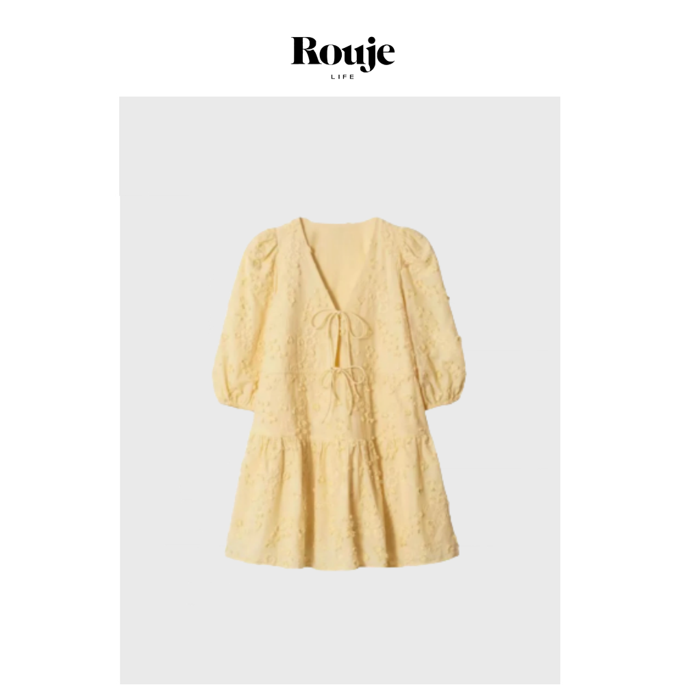 【现货】Rouje Life西西里柠檬~买手店！刺绣短裙25黄色V领连衣裙