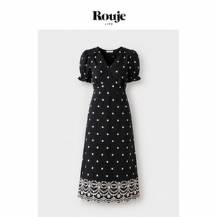 【现货】Rouje Life法式重工镂空绣花V领短袖收腰气质显瘦连衣裙