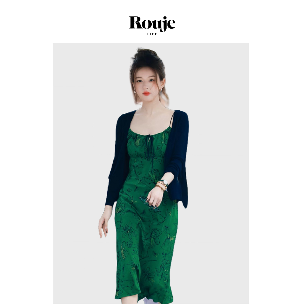 【现货】Rouje Life赵露思绿色芭蕾少女与蝴蝶桑蚕丝吊带连衣裙