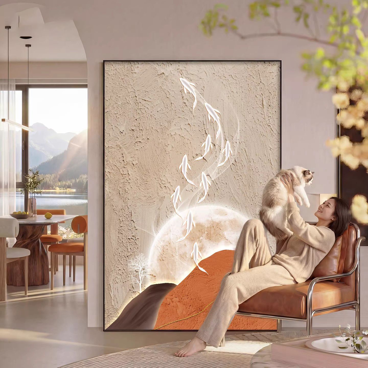 手绘油画九鱼图客厅挂画沙发背景墙现代简约玄关装饰画侘寂风壁画图片