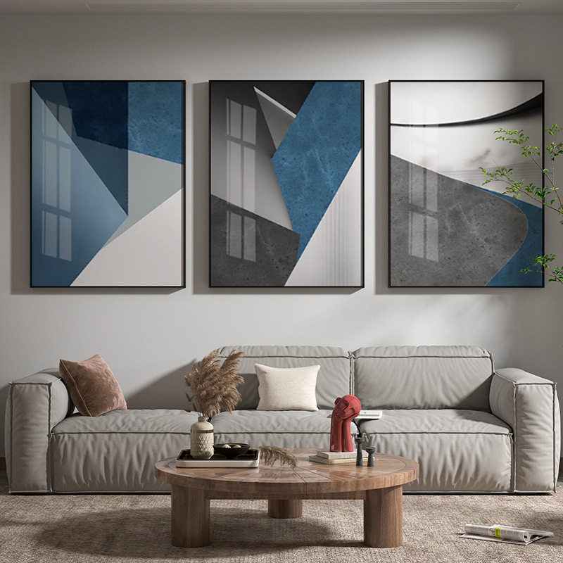 现代轻奢客厅沙发墙装简约几何图形蓝色欧式饰画背景墙壁三联挂画