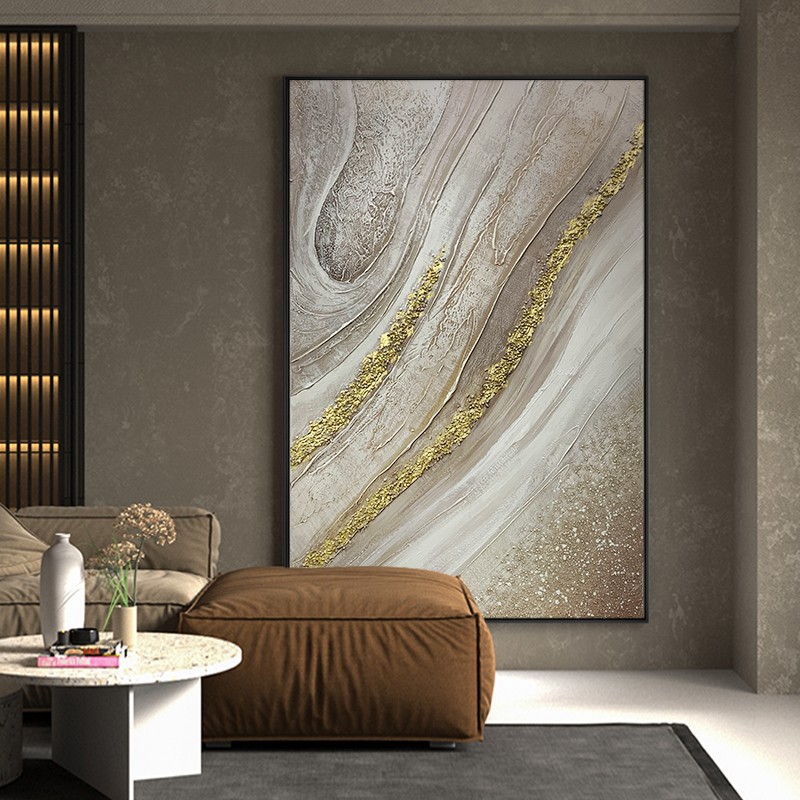 手绘油画立体金箔肌理画现代简约客厅背景墙竖版挂画玄关装饰画