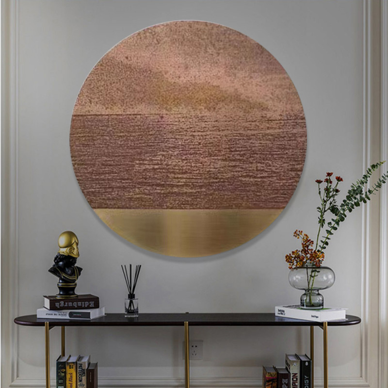 侘寂风客厅纯手工肌理油画酒店圆形不锈钢立体挂画样品玄关装饰画图片