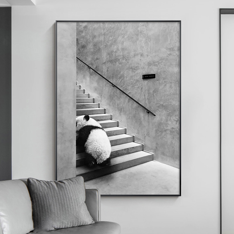 现代简约熊猫动物装饰画工业风客厅墙面挂画玄关过道黑白艺术壁画图片