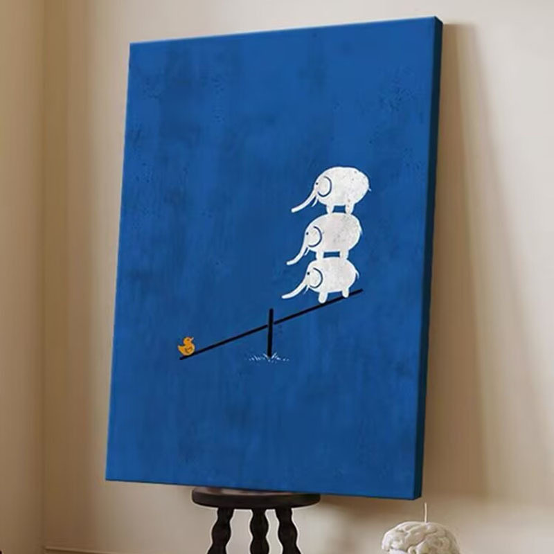克莱因蓝色客厅玄关装饰画手绘油画小众创意三只小象儿童房挂画