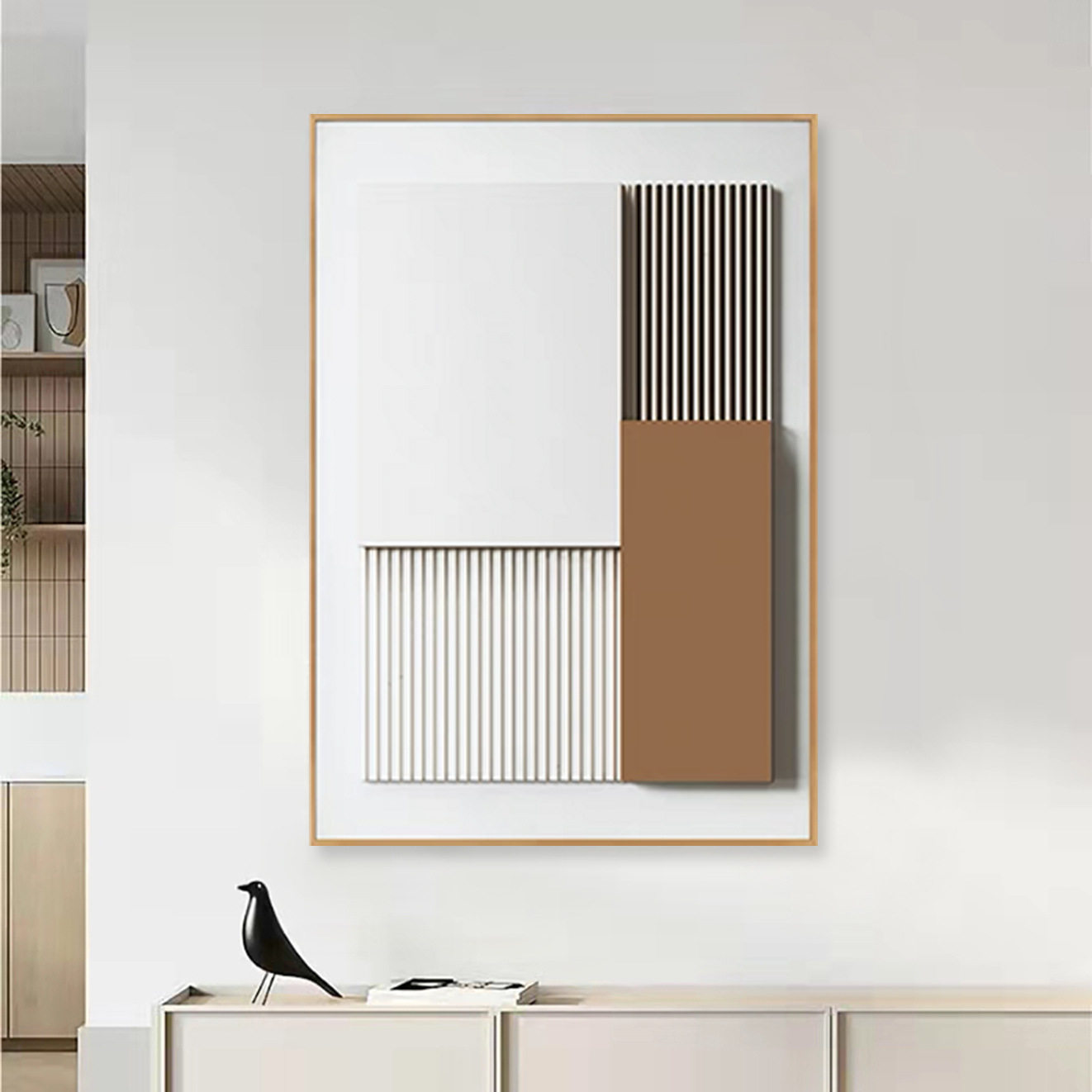 现代极简莫兰迪几何木雕装饰画客厅立体竖版抽象挂画入户玄关壁画