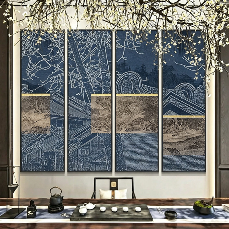 新中式四联画山水花卉客厅竖条屏组合挂画茶室酒店大堂样板间挂画