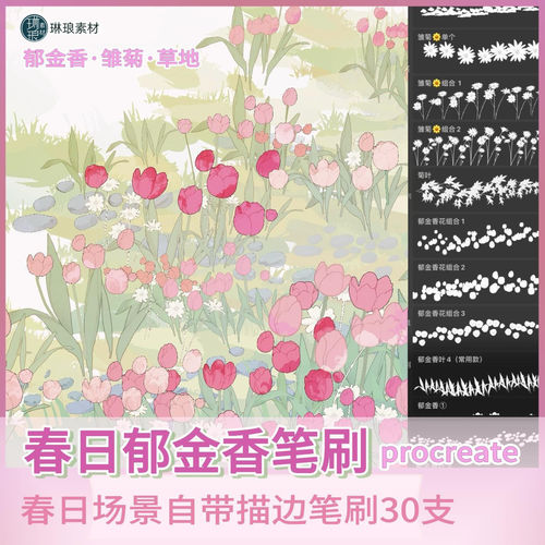 procreate笔刷春日郁金香花朵花海雏菊草地装饰iPad绘画笔刷