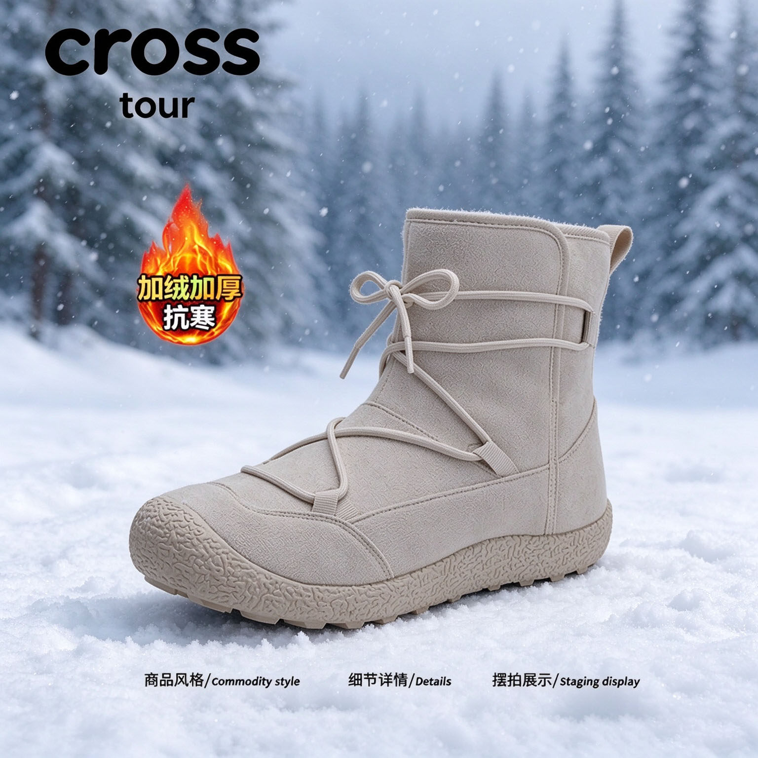 【淡姿静润】Cross tour户外休闲风厚底雪地靴绒面加绒抗寒中帮鞋