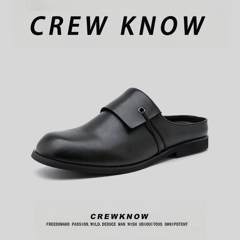 CREW KNOW时尚男鞋~穆勒鞋裁剪拼接包头一脚蹬男老钱风休闲皮鞋