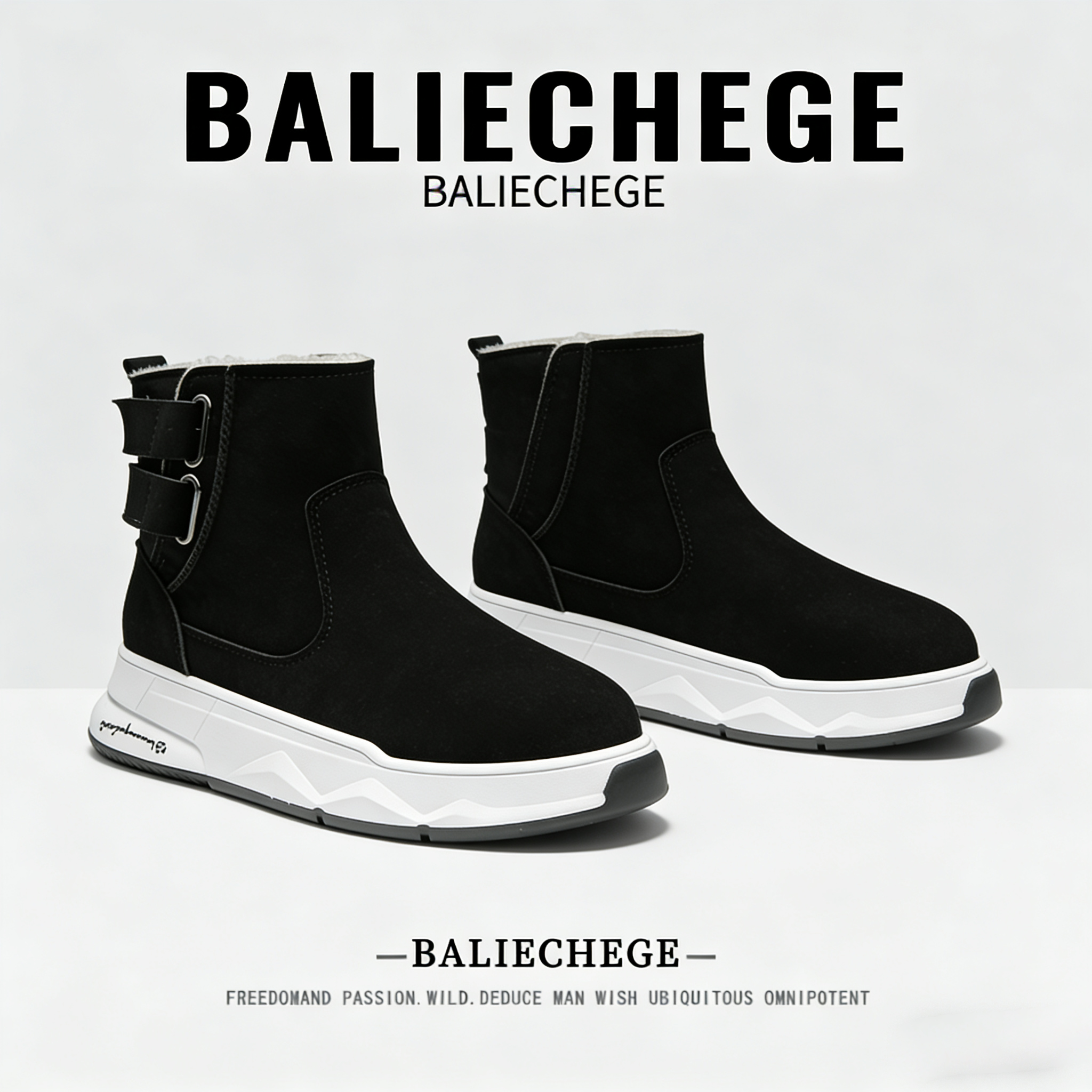 【法国BALIECHEGE专柜】男鞋保暖雪地靴短靴皮面一体黑色厚底秋冬