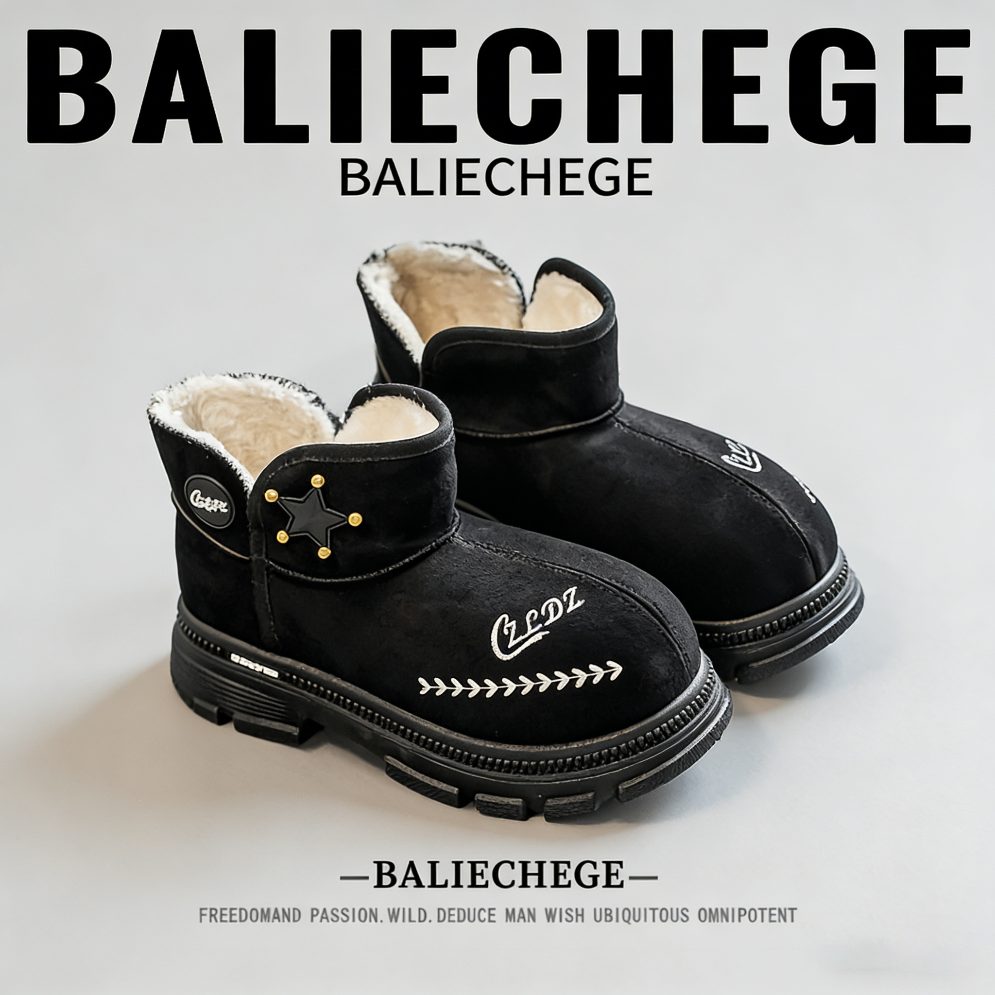 【法国BALIECHEGE专柜】棉靴冬季加绒短筒防寒雪地靴男款保暖黑色