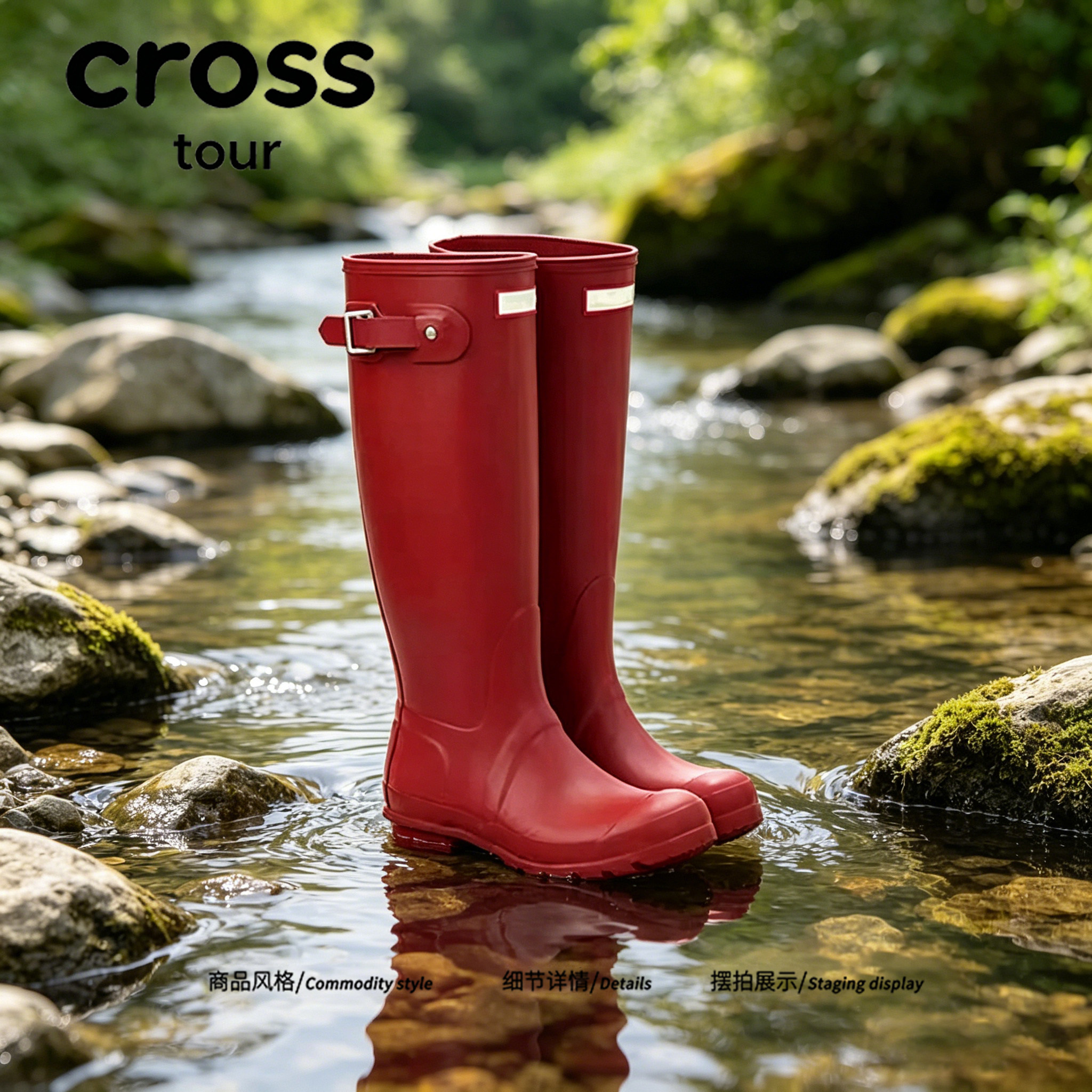 【林间听雨】Cross tour氛围感红色高筒雨鞋英伦复古长款防水雨靴