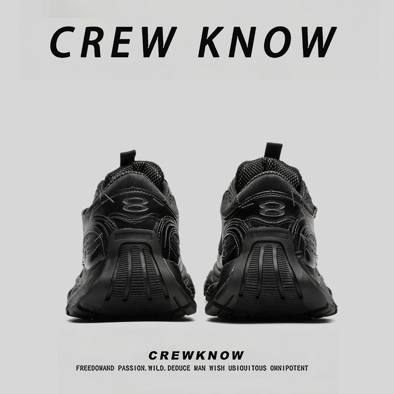 CREW KNOW青年时尚休闲鞋橡胶发泡磨砂运动平底黑色车缝线圆头