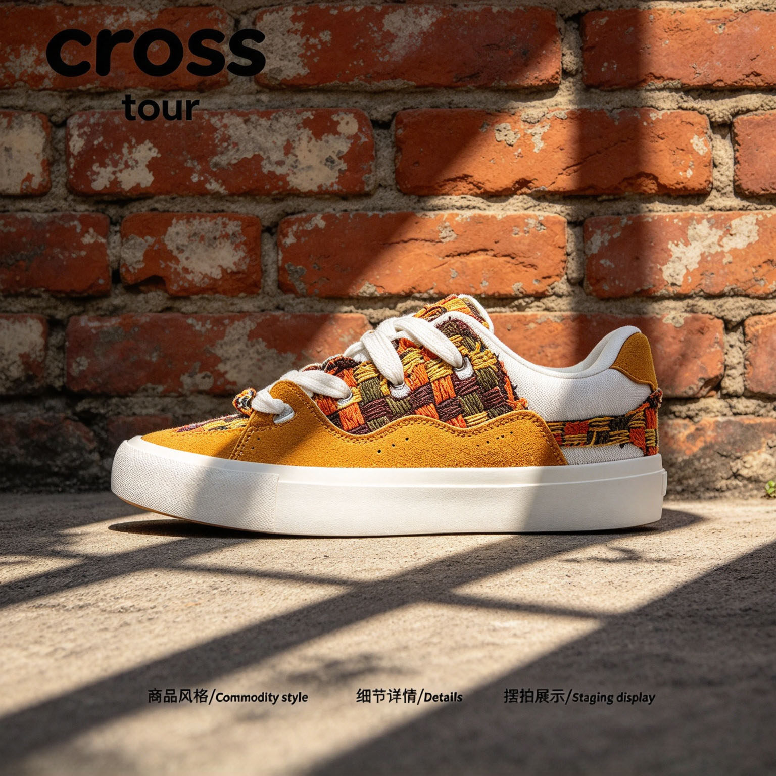 Cross tour姜黄编织刺绣橡胶厚底板鞋翻毛帆布面透气舒适低帮男鞋