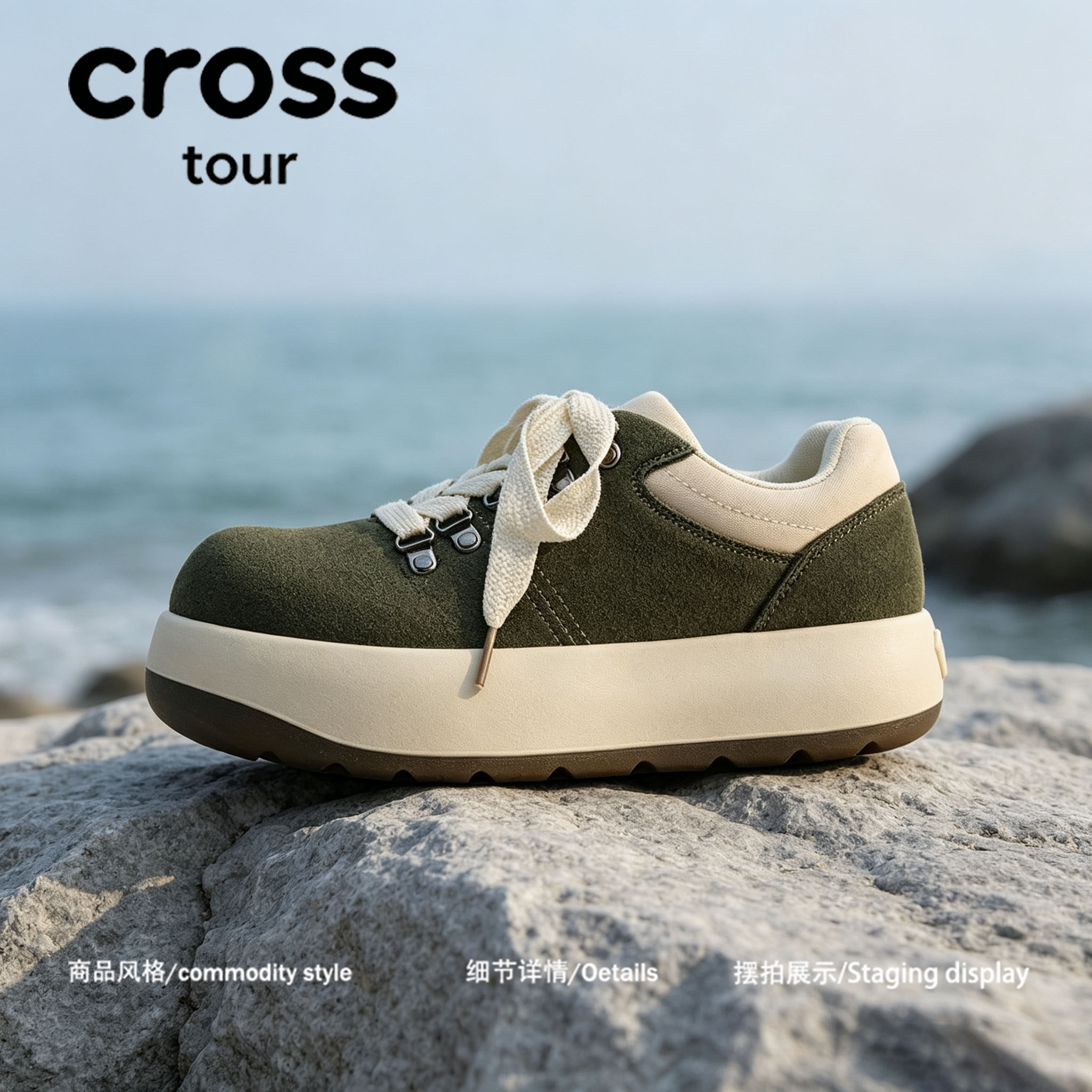 Cross tour军绿色磨砂质感厚软底工装风翻绒面防滑耐磨圆头款男鞋