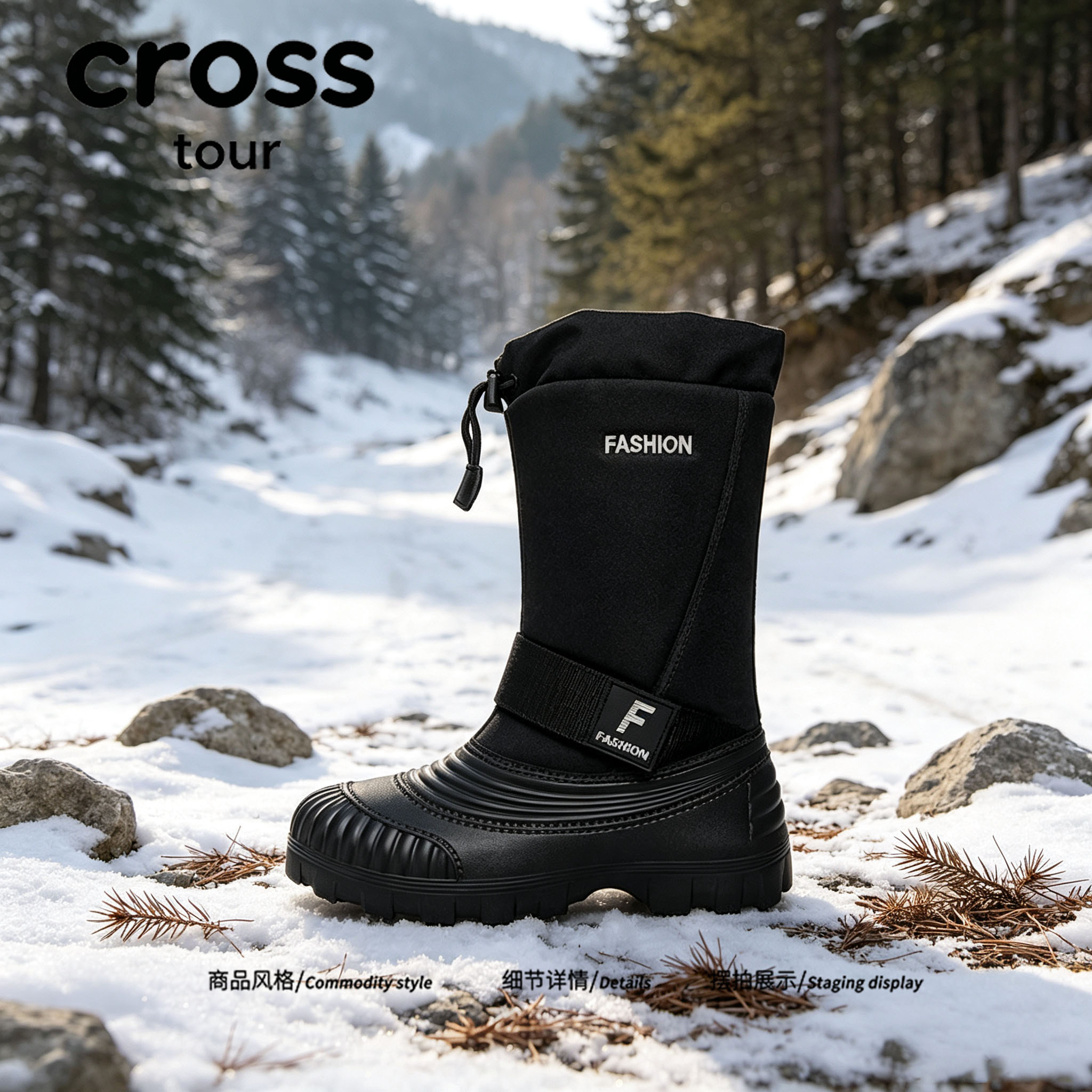 【绵柔内里】Cross tour黑色高筒雪地靴防水防风东北户外长款棉鞋
