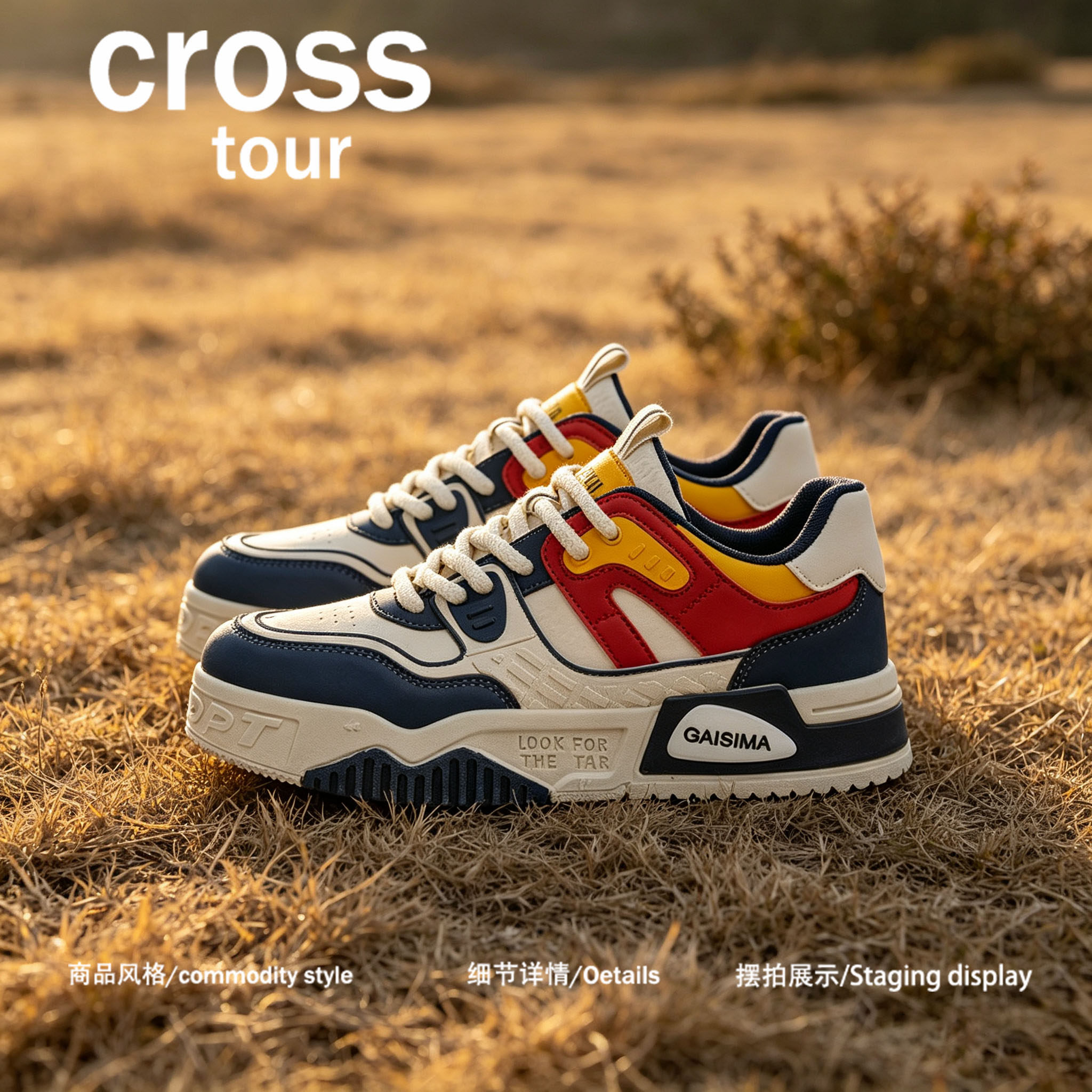 【幻廓留光】Cross tour米白藏蓝红黄拼接撞色厚底板鞋透气低帮鞋