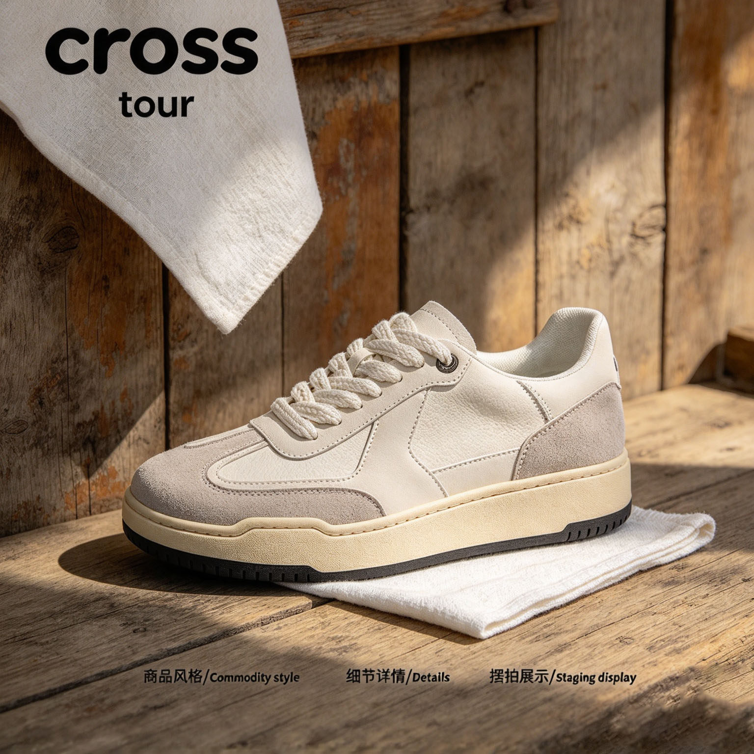 Cross tour米白浅灰复古拼接厚底防滑德训鞋皮革舒适低帮男士男鞋