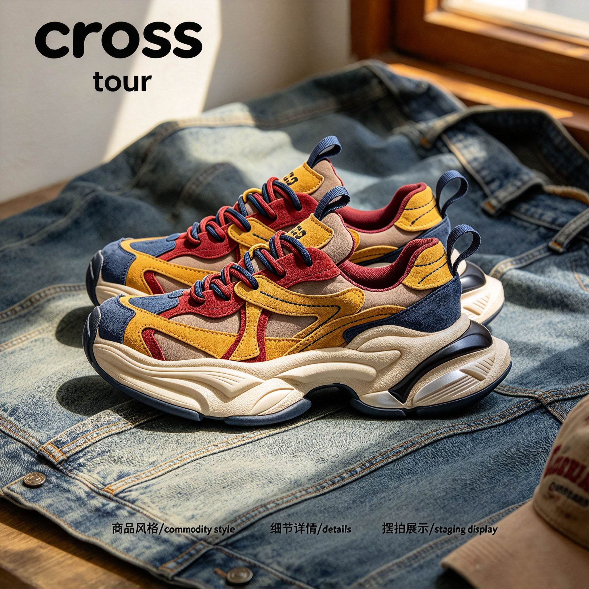 【出行无忧】Cross tour复古拼接设计厚底休闲鞋透气时尚潮流单鞋
