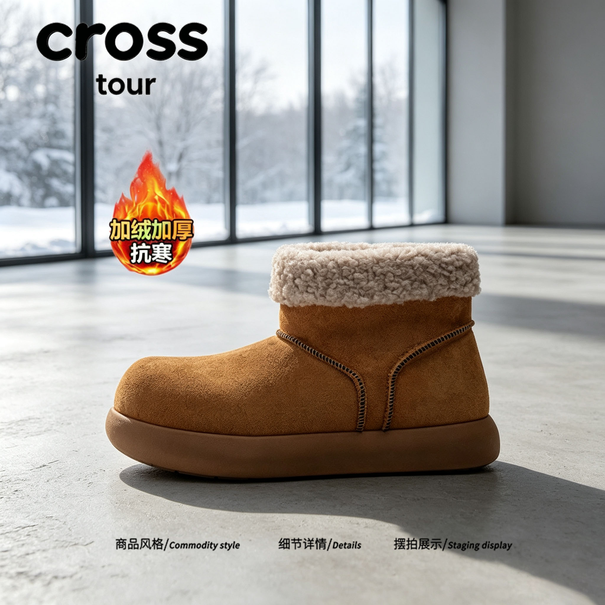 【雪天适配】Cross tour翻毛加绒厚底雪地靴绒面保暖防滑短筒棉鞋
