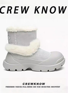 【法国CREW KNOW专柜】浅灰色冬季中跟短筒雪地靴保暖圆头皮毛一