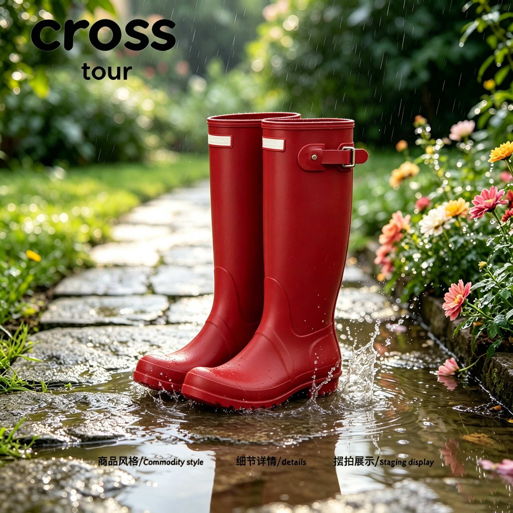 【雨漫街巷】Cross tour小众设计红高筒雨靴休闲日常穿搭防水雨鞋
