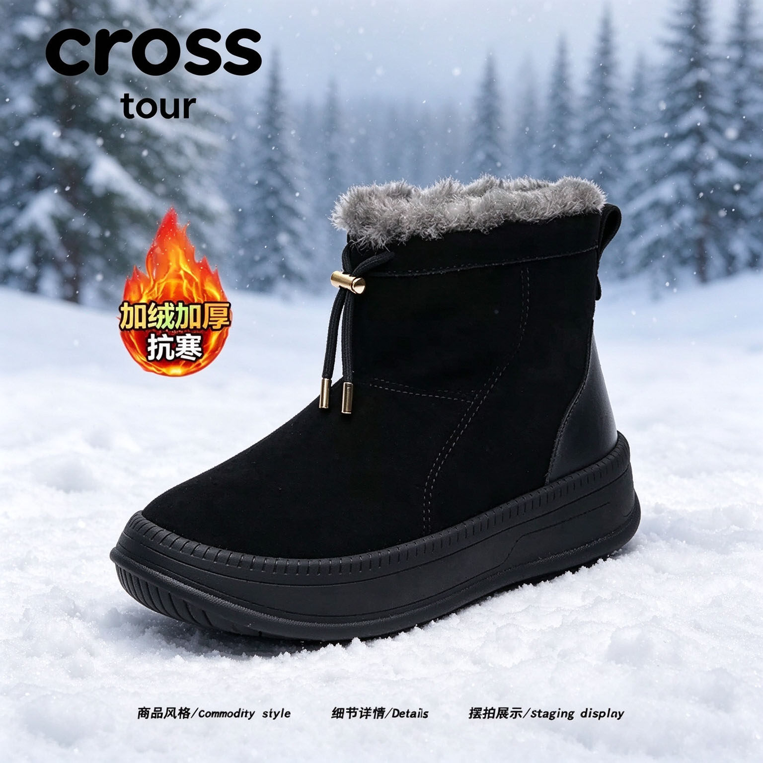 【线条流畅】Cross tour黑色加绒加厚厚底雪地靴翻绒抗寒保暖单鞋