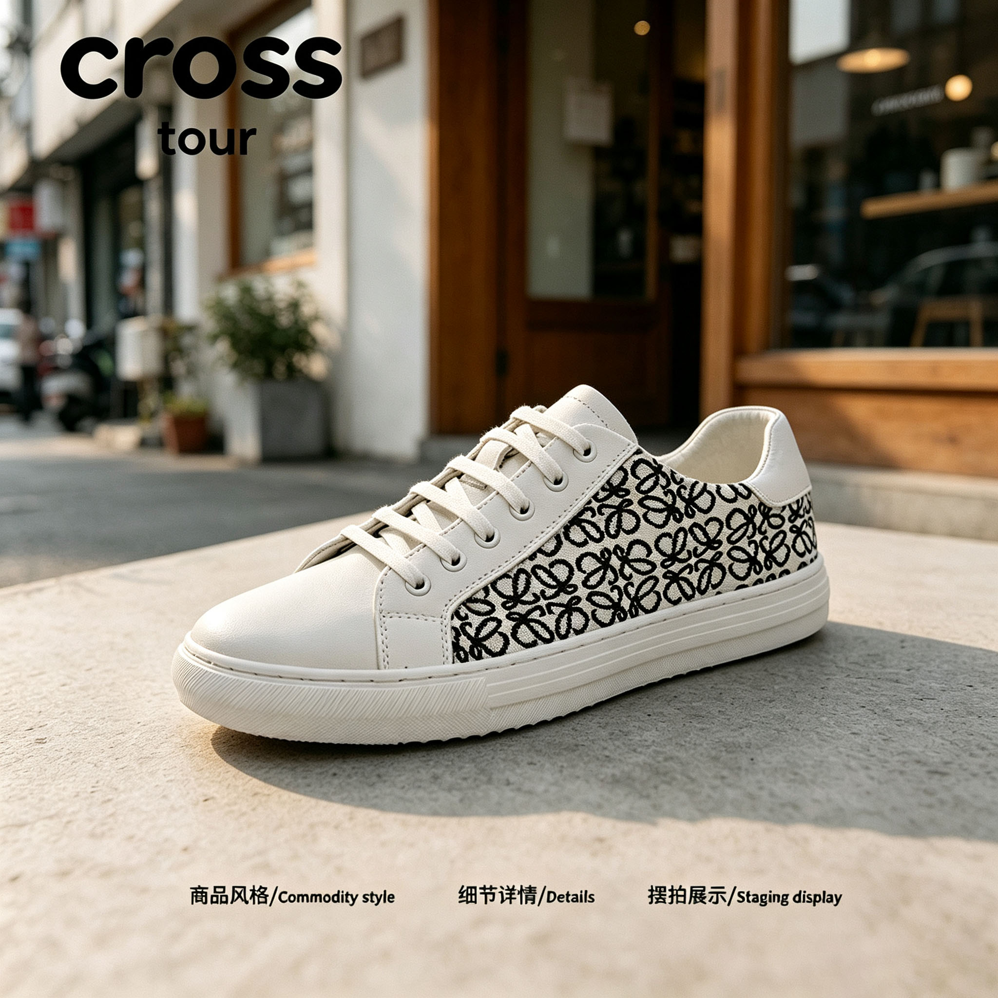【港风复古】Cross tour刺绣花纹橡胶板鞋拼接透气舒适低帮休闲鞋