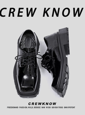 【法国CREW KNOW专柜】皮革系带休闲皮鞋纯色春秋黑色圆头休闲鞋