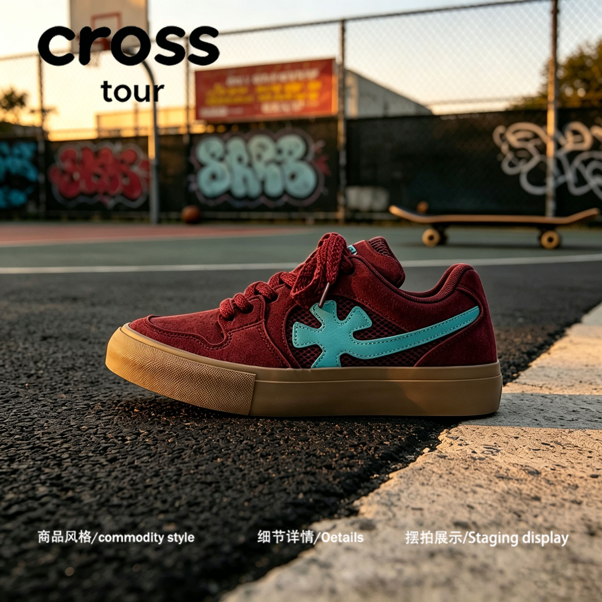 【不挑穿搭】Cross tour枣红色街头生橡胶底滑板鞋休闲耐磨低帮鞋