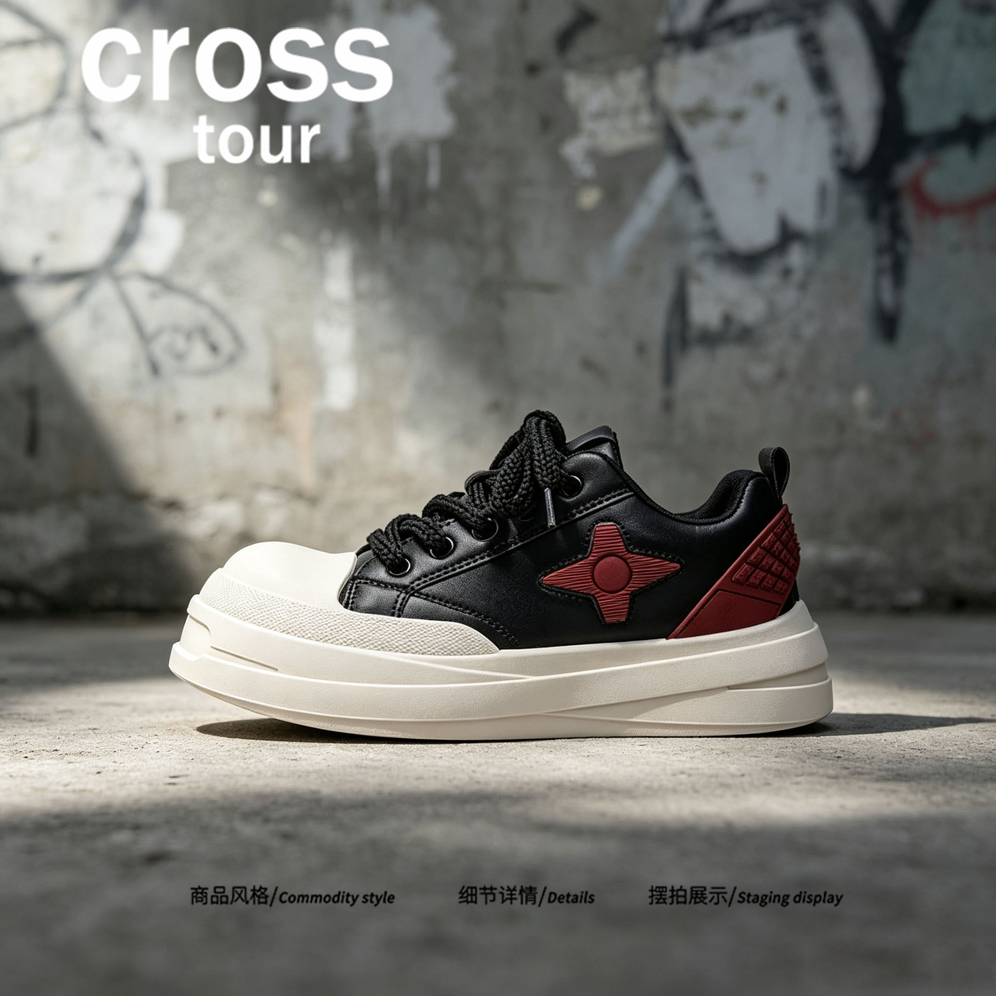 【自由逐风】Cross tour黑红撞色拼接厚底休闲板鞋耐磨低帮休闲鞋
