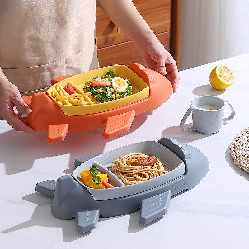 飞机餐盘六件套小麦卡通幼儿园宝宝吃饭盘儿童辅食餐具带杯刀叉勺